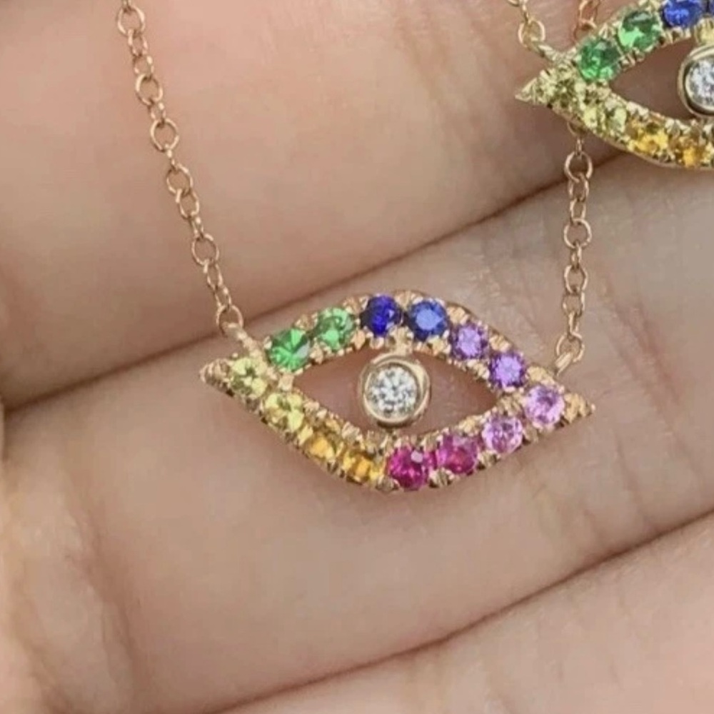 Evil Eye Necklace Rainbow Sapphire & Diamond 14k Gold Chain SABRINA - NEW